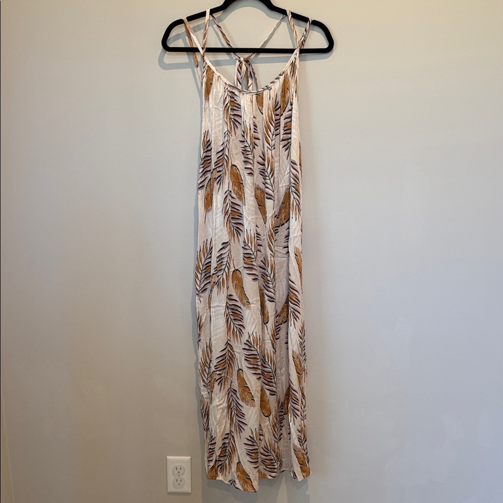 audrey Feather-Print Strappy Maxi Jumpsuit in Cream, Tan and Brown